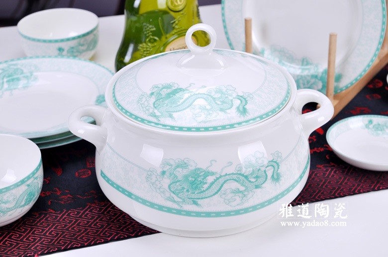 绿色牡丹龙高温陶瓷餐具-煲