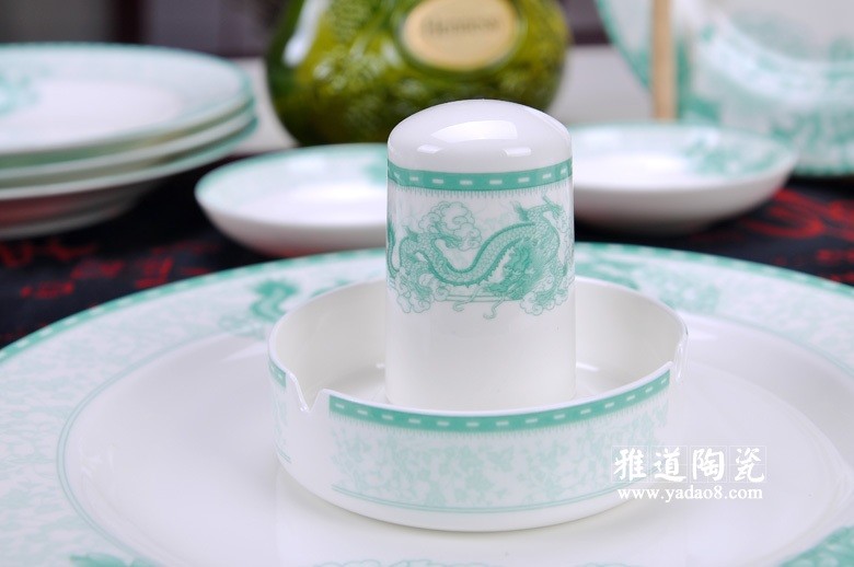 绿色牡丹龙高温陶瓷餐具-牙签筒