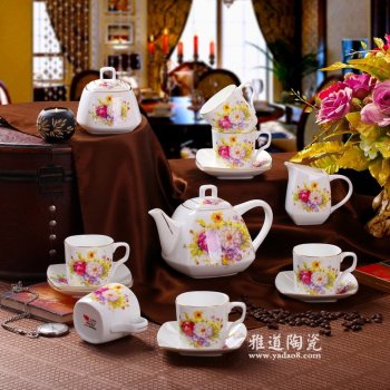 景德镇陶瓷方型花团锦簇欧式咖啡具套装