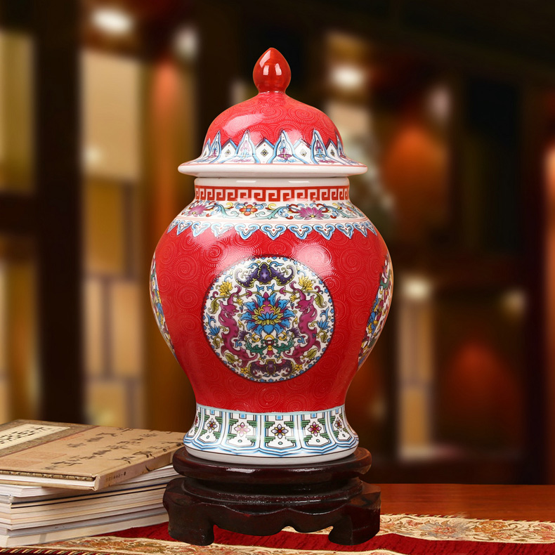 景德镇陶瓷珐琅彩将军罐工艺品摆件(红色款)