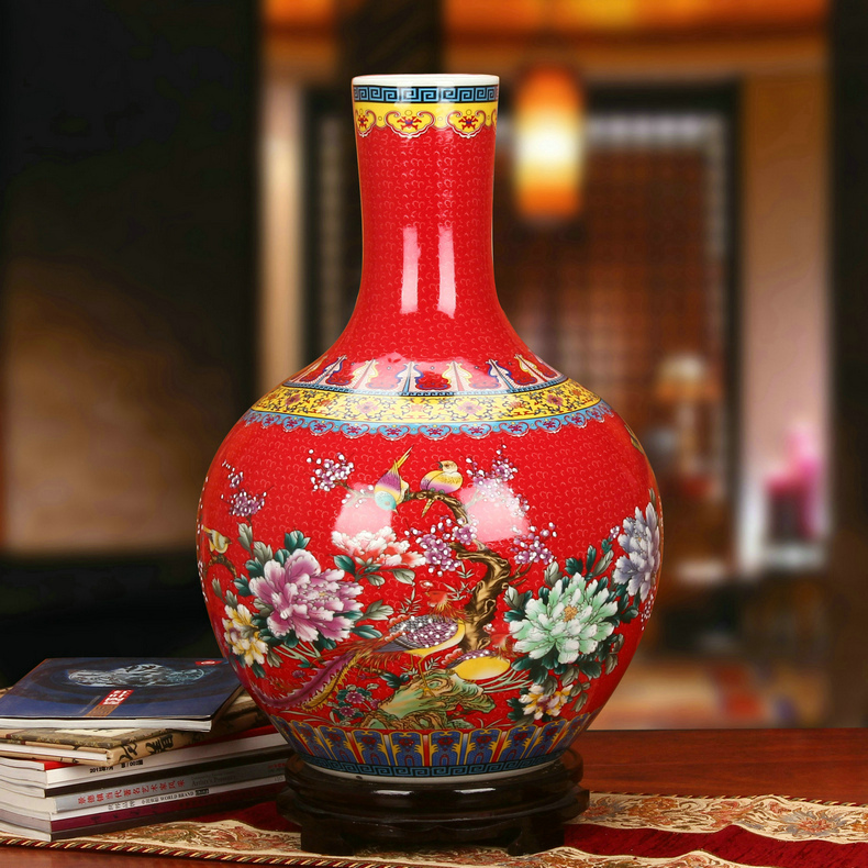 景德镇陶瓷仿古珐琅彩牡丹凤凰天球瓶(红色)