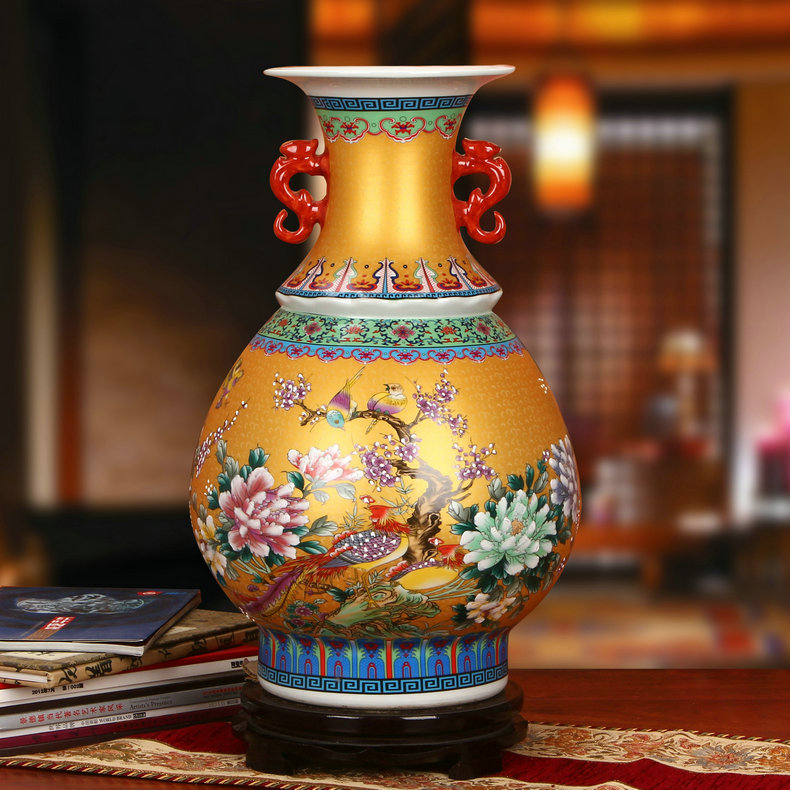 景德镇陶瓷珐琅彩双耳玉壶春瓶工艺品