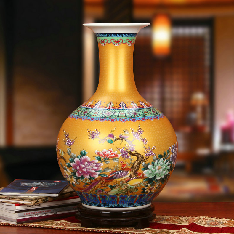 景德镇瓷器珐琅彩赏瓶工艺品花瓶摆设金色款