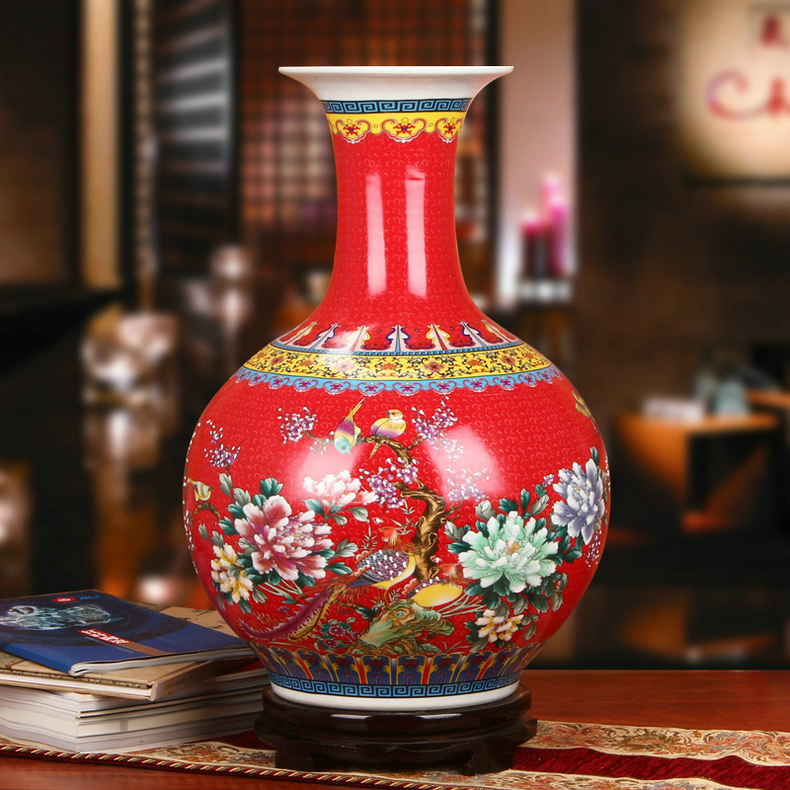 景德镇瓷器珐琅彩赏瓶工艺品花瓶摆设红色款