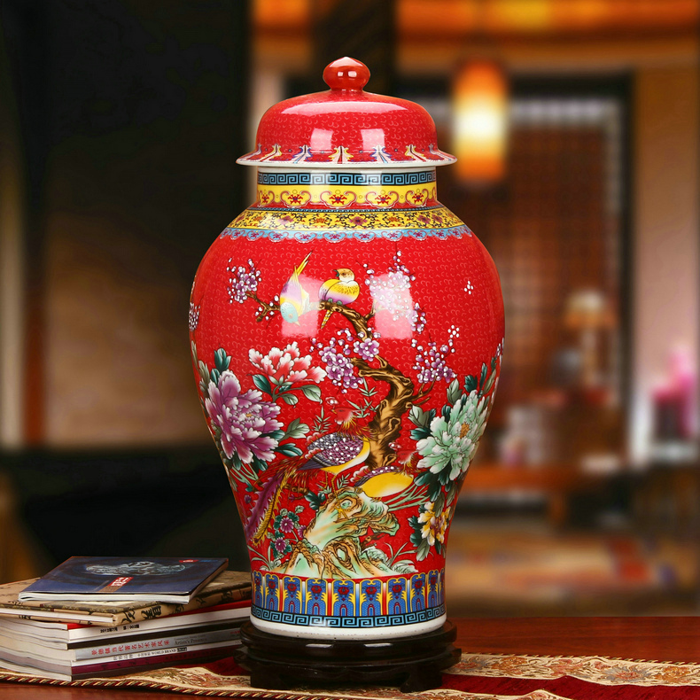 景德镇金色牡丹珐琅彩陶瓷将军罐工艺品花瓶红色款