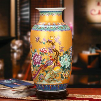 景德镇陶瓷珐琅彩牡丹凤凰冬瓜瓶工艺品