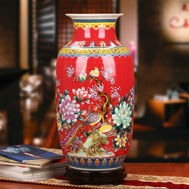 景德镇陶瓷珐琅彩牡丹凤凰冬瓜瓶工艺品红色款