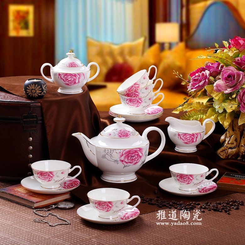 景德镇高档礼品陶瓷咖啡具套装欧式玖玫瑰