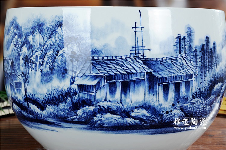 景德镇陶瓷手绘青花山水陶瓷鱼缸聚宝盆
