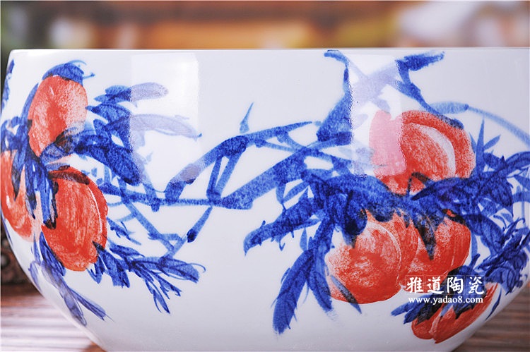 景德镇手绘陶瓷鱼缸家居摆设长寿图
