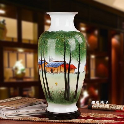 景德镇陶瓷手绘花瓶-林间小寨观音瓶