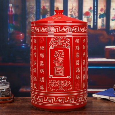 大红色陶瓷米坛-添福图
