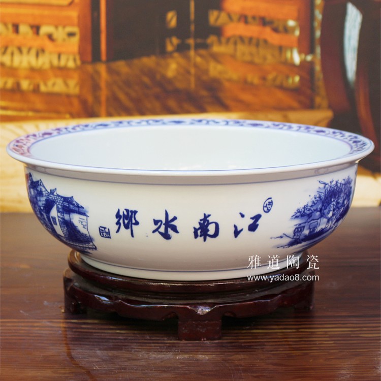 青花陶瓷和面盆凉菜盆江南水乡-侧面
