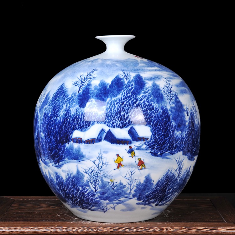 景德镇陶瓷大师手绘雪景青花瓷花瓶