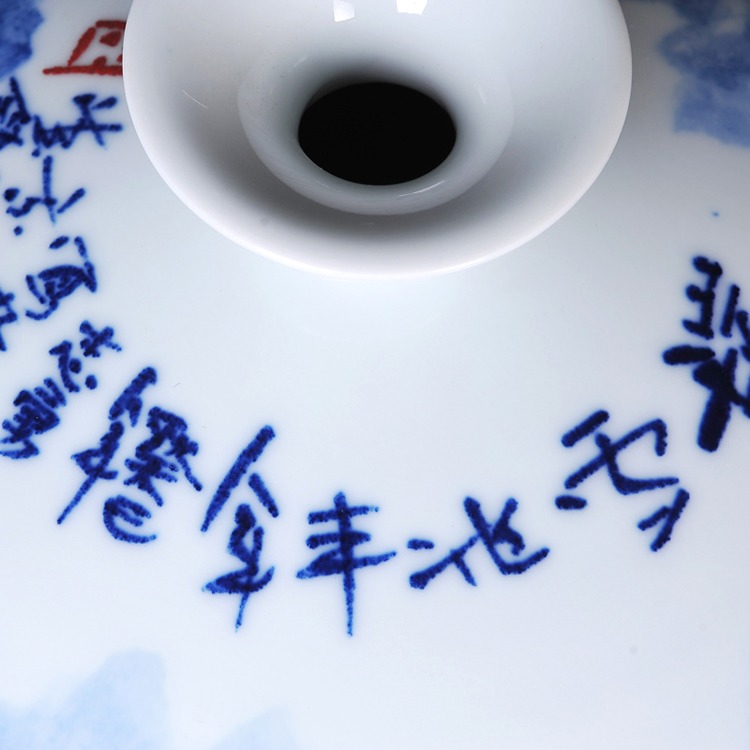 景德镇陶瓷大师手绘雪景青花瓷花瓶-题字