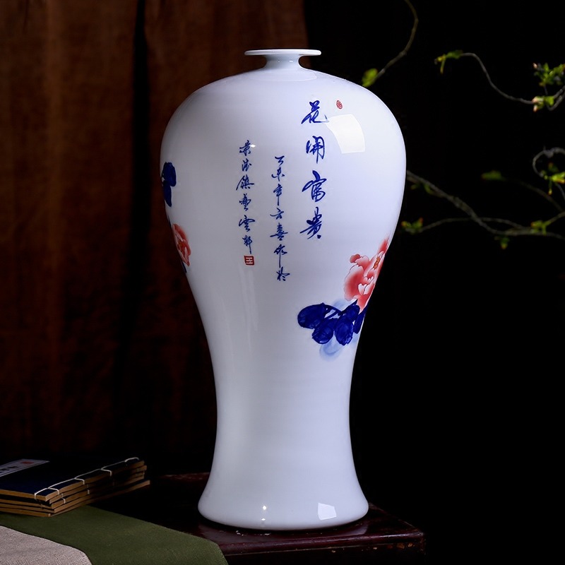 陶瓷牡丹花瓶名家手绘花开富贵家居摆设-背面
