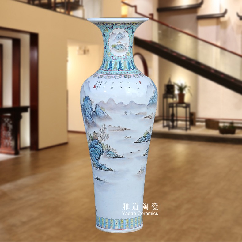 景德镇手绘粉彩山水观音陶瓷大花瓶