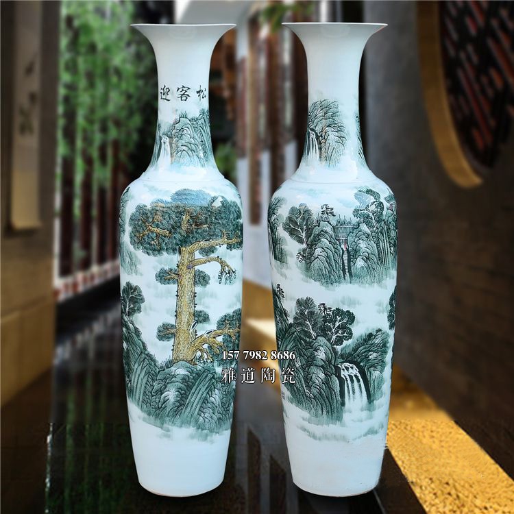 景德镇陶瓷手绘迎客松工艺品大花瓶