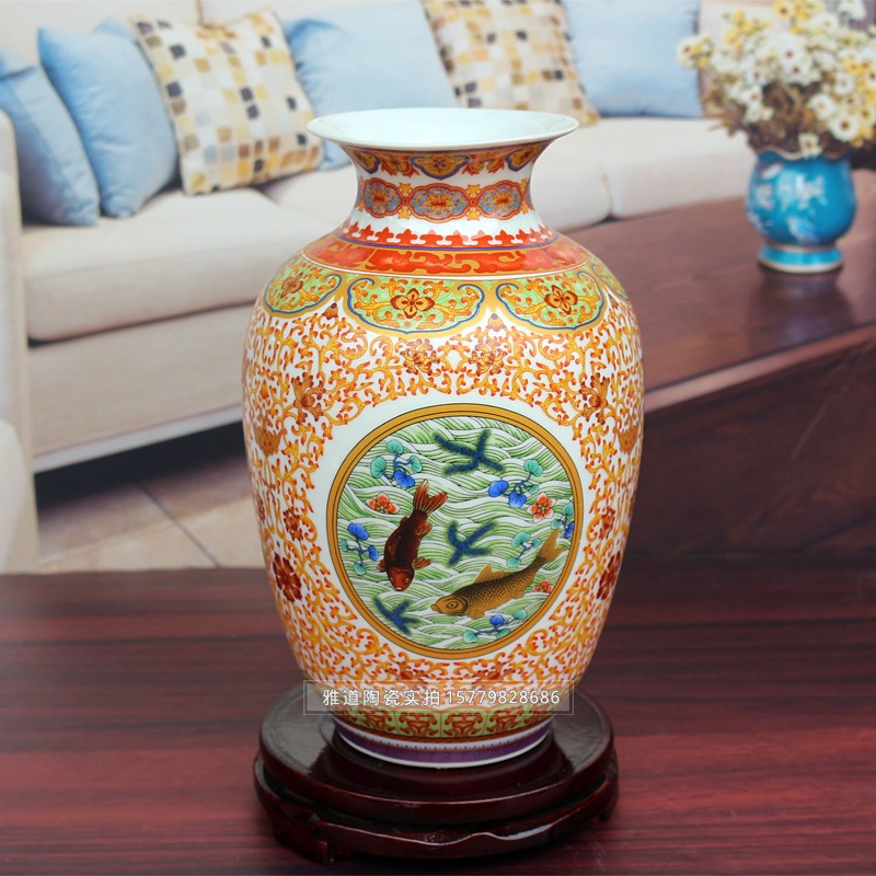 景德镇陶瓷珐琅彩年年有余家居花瓶