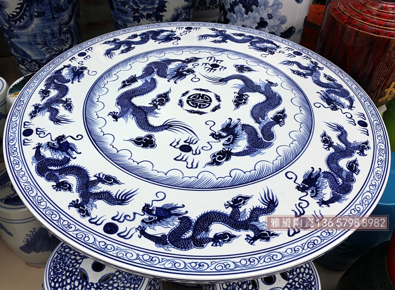 青花庭院客厅摆件陶瓷桌凳九龙图