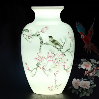 景德镇陶瓷名家大师手绘薄胎花瓶中式客厅摆件