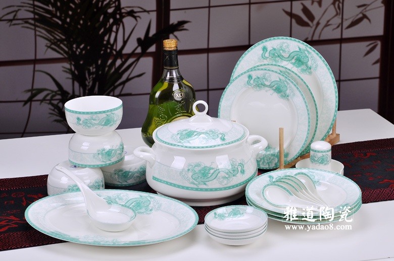 绿色牡丹龙高温陶瓷餐具