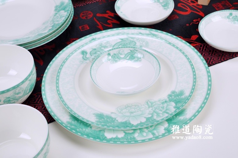 绿色牡丹龙高温陶瓷餐具-碟子