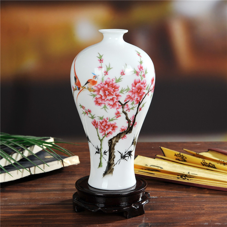 景德镇陶瓷彩绘水点桃花小花瓶
