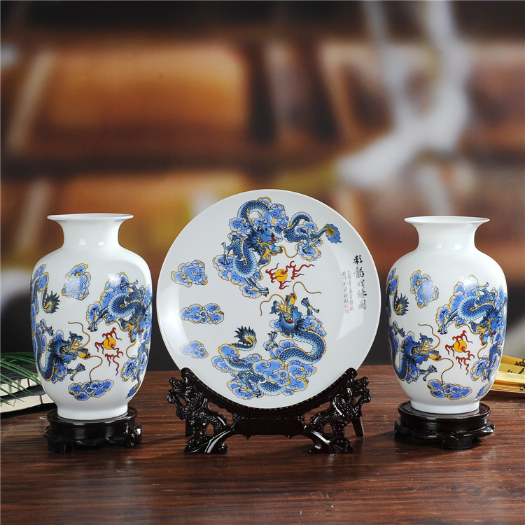 彩龙戏珠陶瓷花瓶三件套