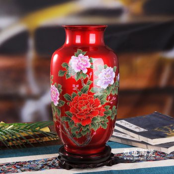 红色水晶釉花开富贵陶瓷花瓶