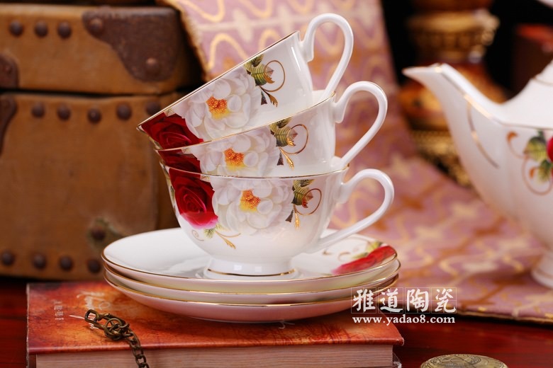 景德镇欧式骨质瓷咖啡具红玫瑰