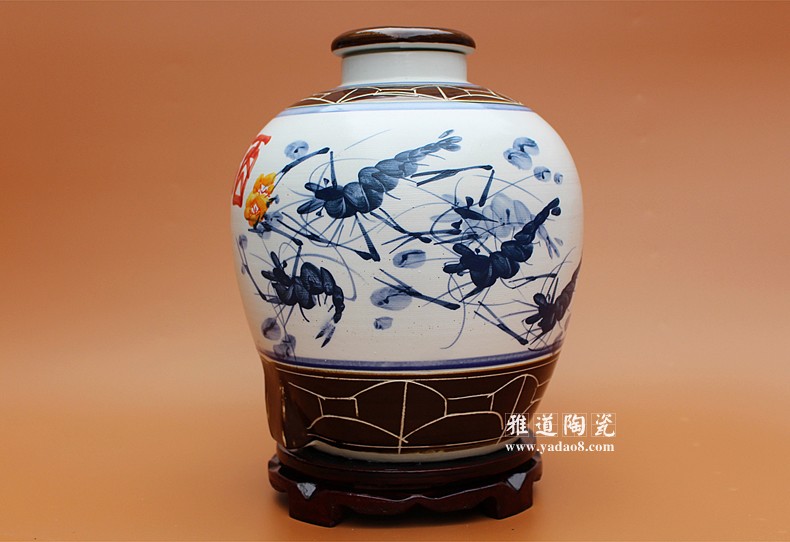 景德镇艺术陶瓷酒坛20斤手绘虾趣图