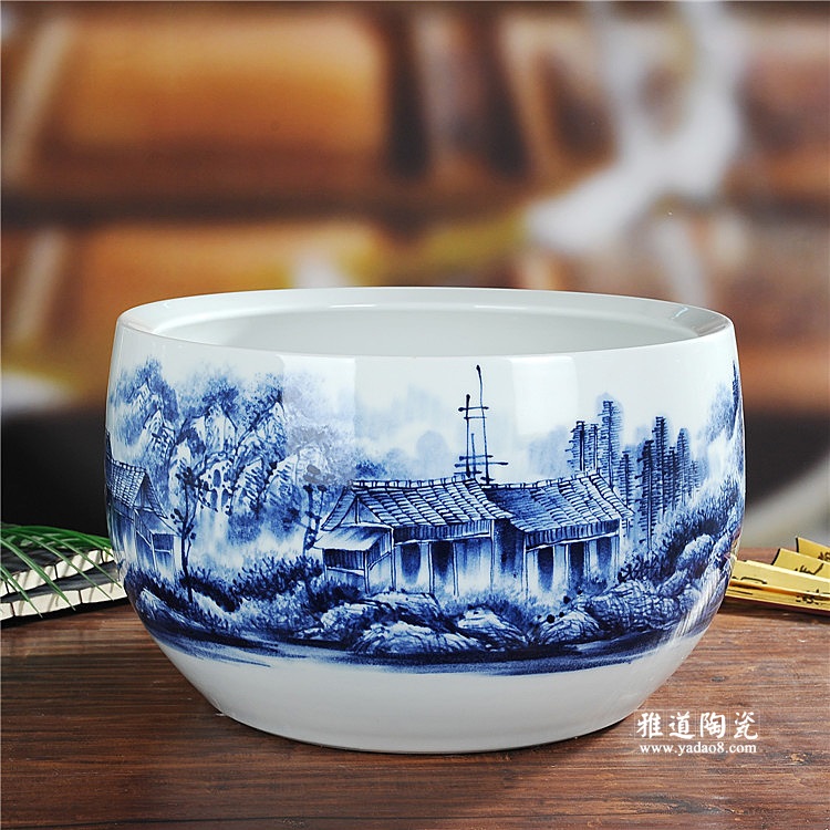 景德镇陶瓷手绘青花山水陶瓷鱼缸聚宝盆