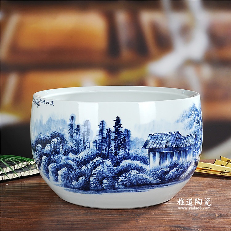 景德镇陶瓷手绘青花山水陶瓷鱼缸聚宝盆
