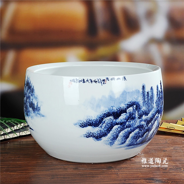 景德镇陶瓷手绘青花山水陶瓷鱼缸聚宝盆