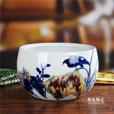 景德镇陶瓷手绘琅红菊花陶瓷金鱼缸