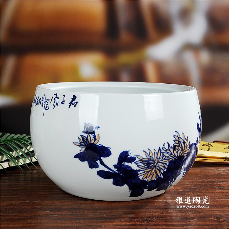 景德镇陶瓷手绘琅红菊花陶瓷金鱼缸