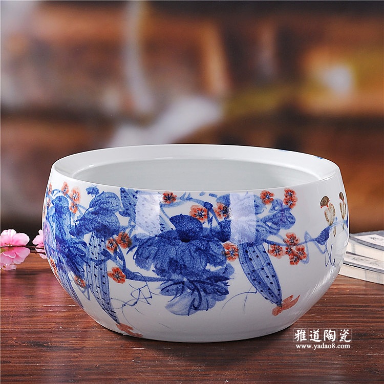 景德镇瓷器手绘高档青花瓷金鱼缸客厅摆件