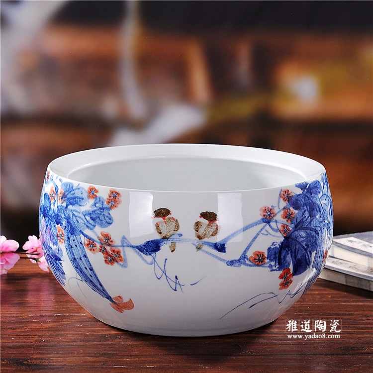 景德镇瓷器手绘高档青花瓷金鱼缸客厅摆件