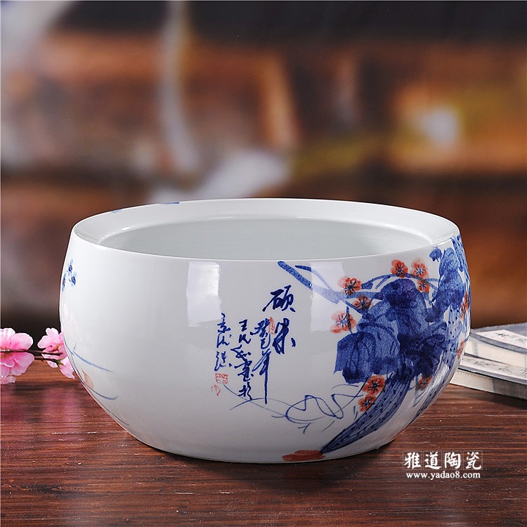 景德镇瓷器手绘高档青花瓷金鱼缸客厅摆件