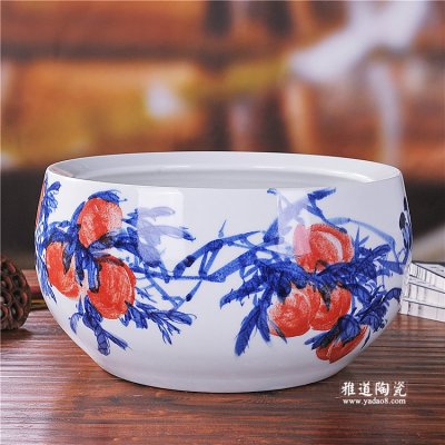 景德镇手绘陶瓷鱼缸家居摆设长寿图