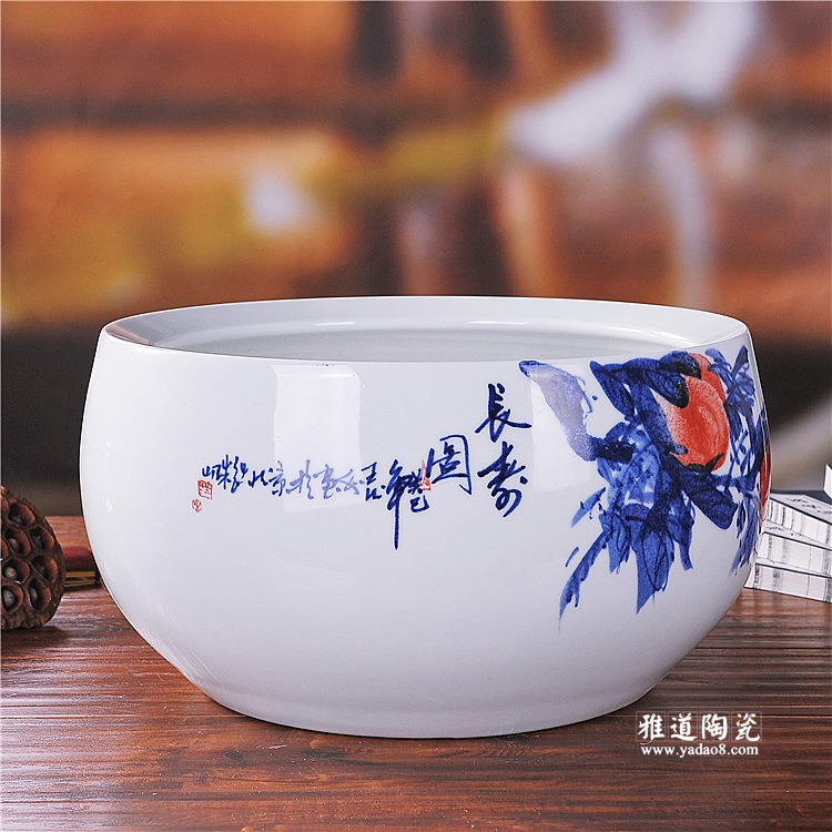 景德镇手绘陶瓷鱼缸家居摆设长寿图 景德镇手绘陶瓷鱼缸家居摆设长寿图