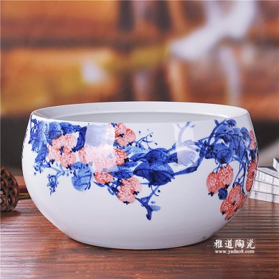 景德镇陶瓷鱼缸手绘釉下彩硕果陶瓷摆件