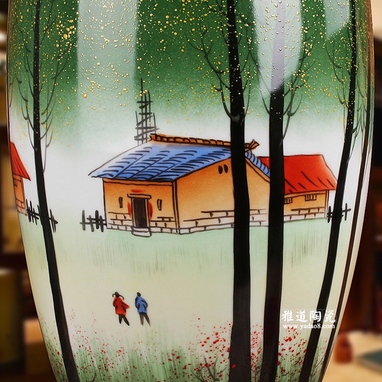 景德镇陶瓷手绘花瓶林间小寨观音瓶