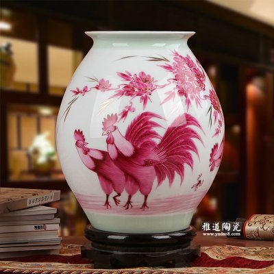 手绘陶瓷花瓶-夏国安手绘巩红三公图花瓶