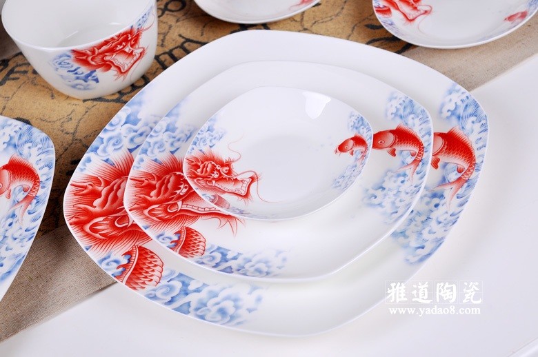 景德镇陶瓷礼品餐具套装-鲤鱼跃龙门