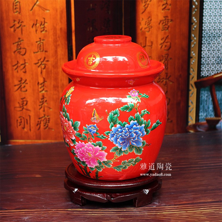 家用黄色陶瓷泡菜坛子-中国红款