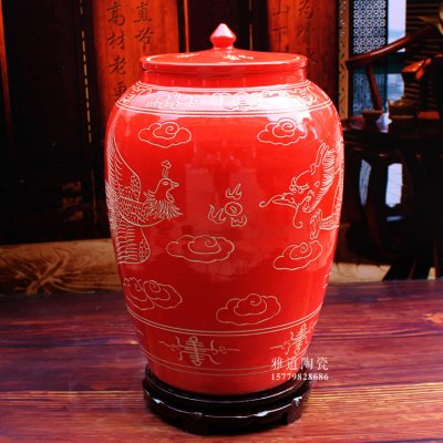大号米缸陶瓷储米罐-红色龙凤呈祥