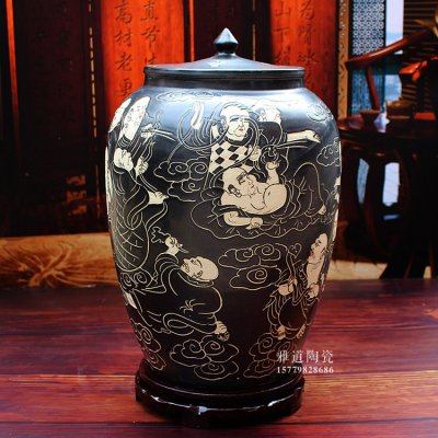 景德镇陶瓷储物缸-雕刻十八罗汉