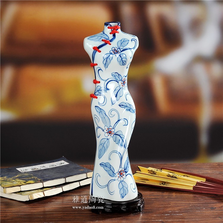 景德镇陶瓷创意旗袍美女陶瓷花瓶-树叶款